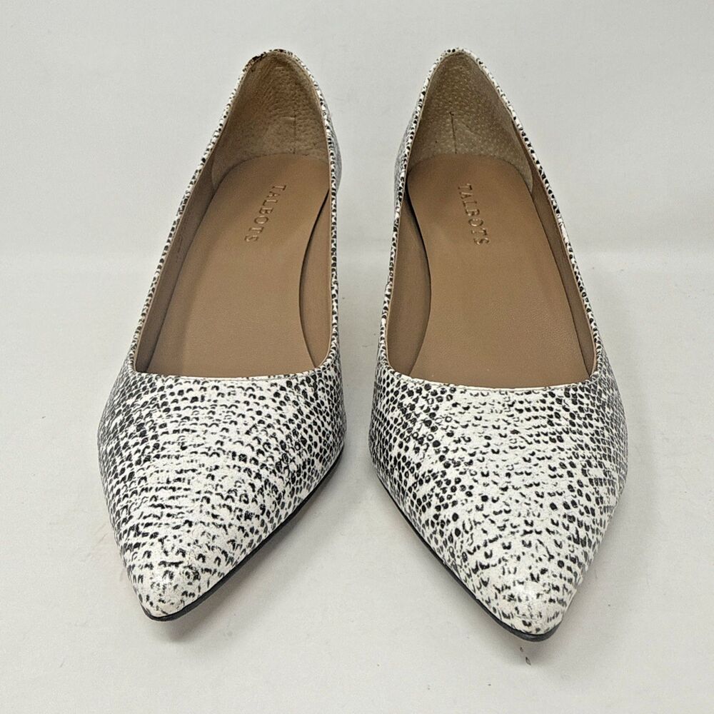 Talbots Snakeskin Print Leather Kitten Heel Pumps Womens 7.5 Ivory Black Brazil